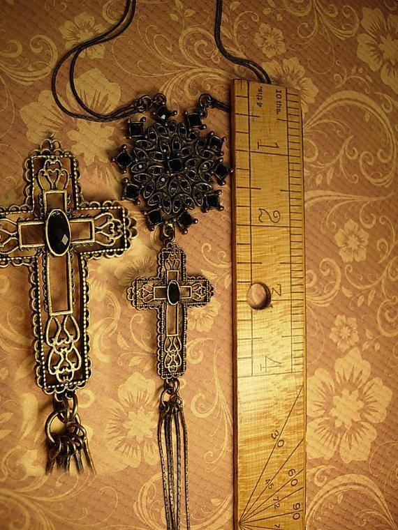 Gothic necklace BLack rhinestones gothic cross long tassels costume jewelry