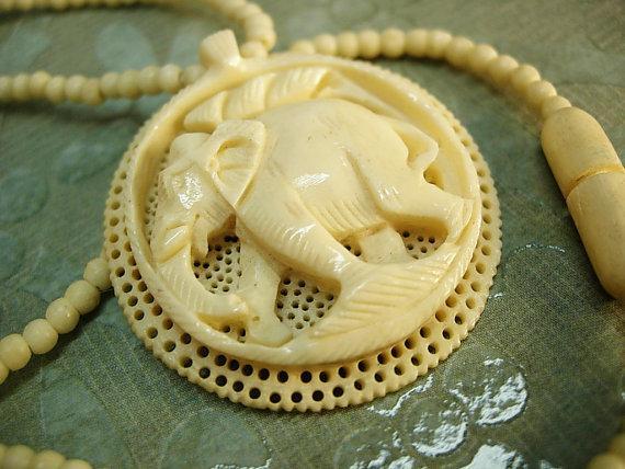 Antique ivory necklace carved Elephant pendant preban ivory beads ivory clasp