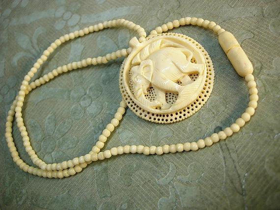 Antique ivory necklace carved Elephant pendant preban ivory beads ivory clasp