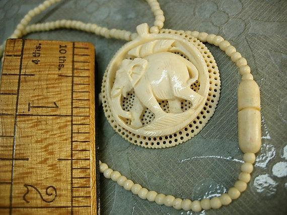 Antique ivory necklace carved Elephant pendant preban ivory beads ivory clasp
