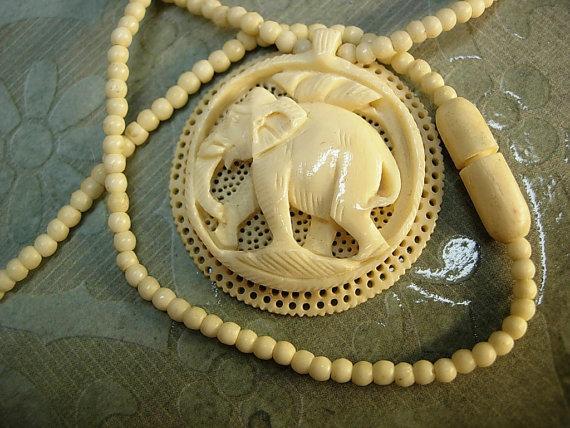 Antique ivory necklace carved Elephant pendant preban ivory beads ivory clasp