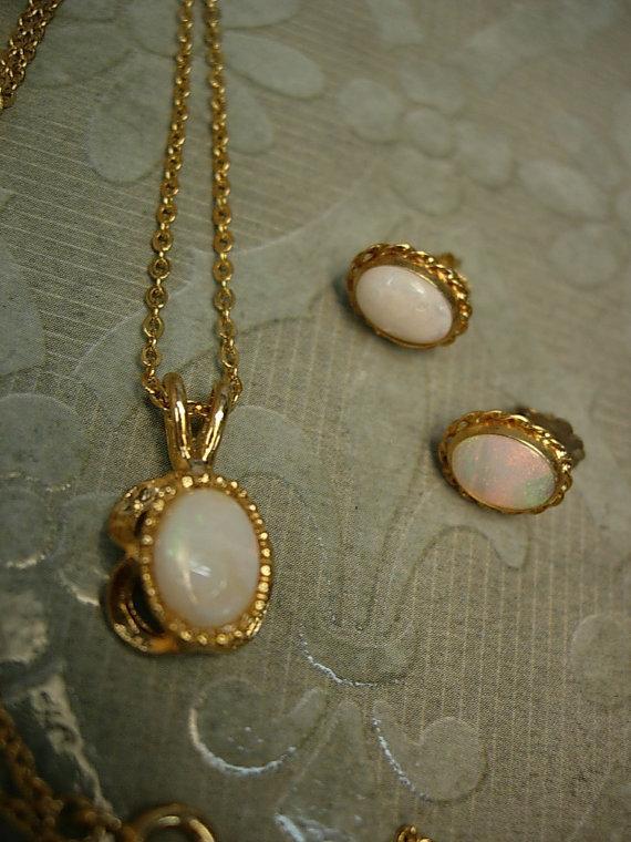 Vintage Opal necklace Gold filled opal earrings genuine opal demi parure Queen of GEMs