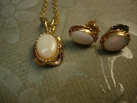 Vintage Opal necklace Gold filled opal earrings genuine opal demi parure Queen of GEMs