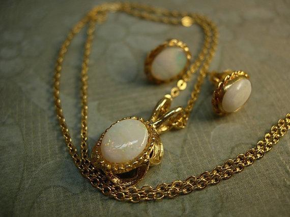 Vintage Opal necklace Gold filled opal earrings genuine opal demi parure Queen of GEMs