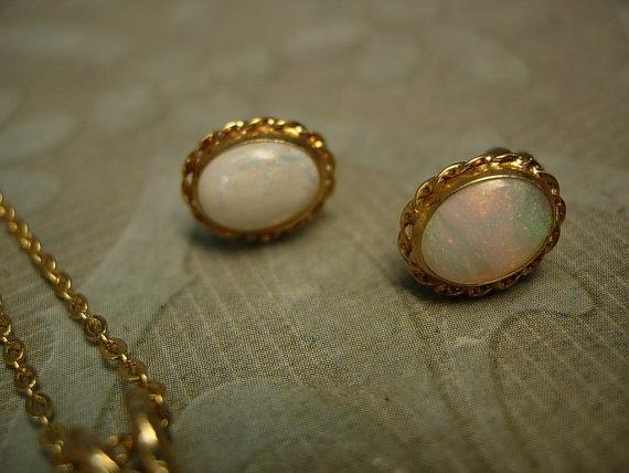 Vintage Opal necklace Gold filled opal earrings genuine opal demi parure Queen of GEMs