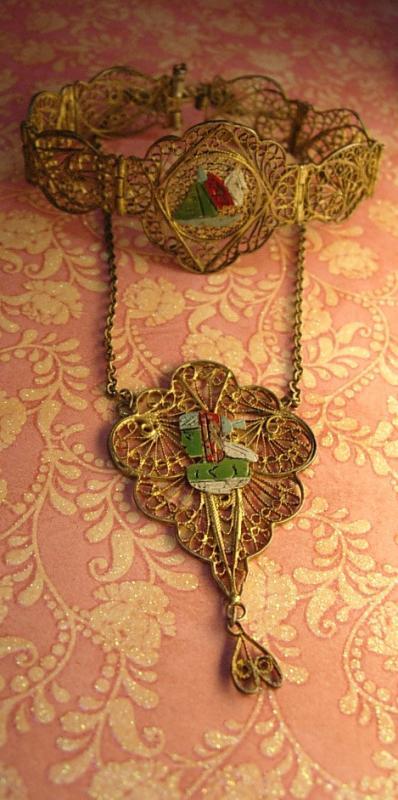 VIntage Enamel INdian bracelet and necklace ornate gilt filigree work
