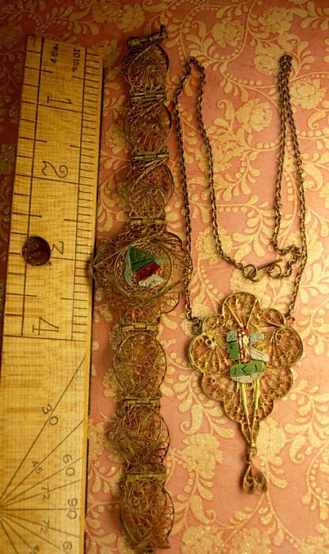 VIntage Enamel INdian bracelet and necklace ornate gilt filigree work