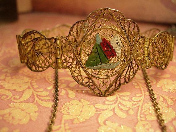 VIntage Enamel INdian bracelet and necklace ornate gilt filigree work