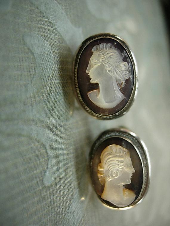 ANtique Cameo earrings Sterling screw on earrings with box Victorian earrings