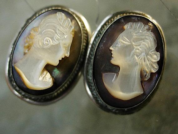 ANtique Cameo earrings Sterling screw on earrings with box Victorian earrings