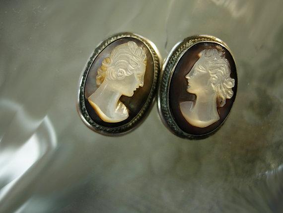 ANtique Cameo earrings Sterling screw on earrings with box Victorian earrings