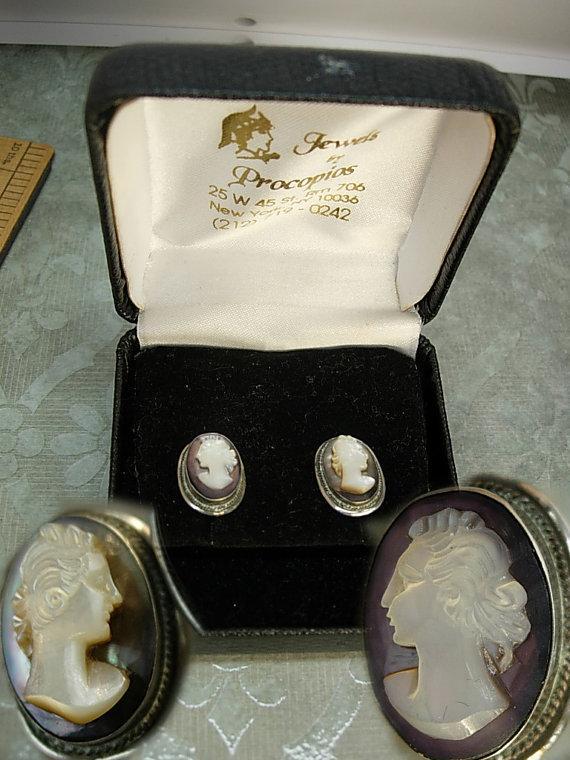 ANtique Cameo earrings Sterling screw on earrings with box Victorian earrings