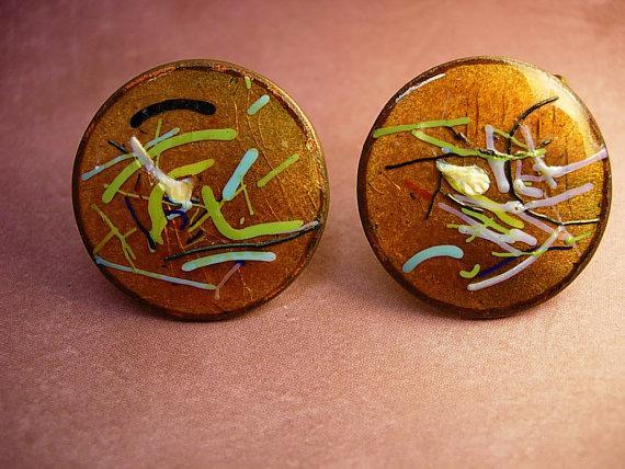 Vintage Enamel Earrings Fiery Copper hand wrought artisan earrings with the colors of fire