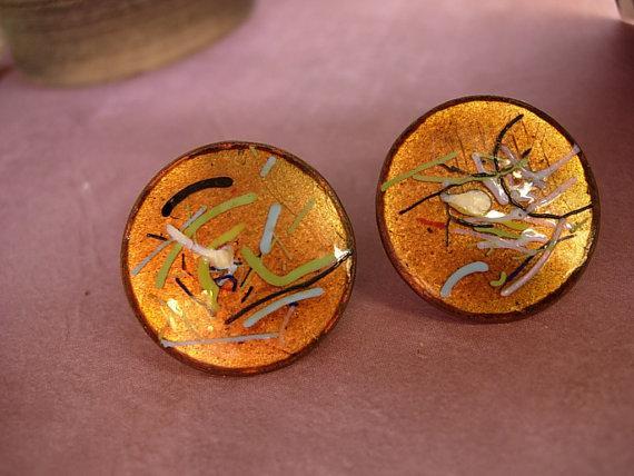 Vintage Enamel Earrings Fiery Copper hand wrought artisan earrings with the colors of fire