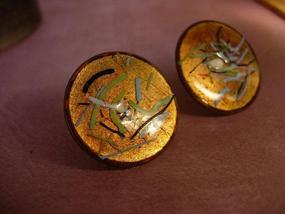 Vintage Enamel Earrings Fiery Copper hand wrought artisan earrings with the colors of fire