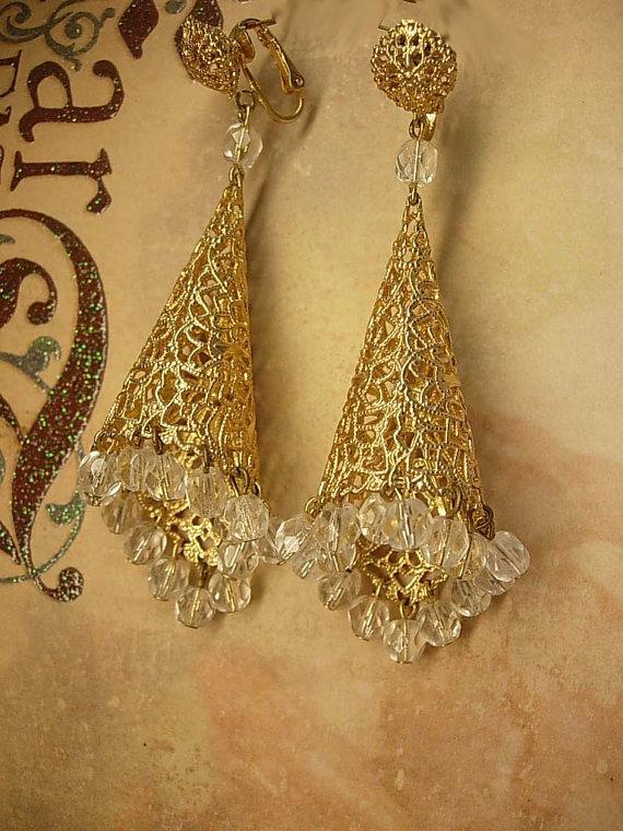 Huge clip on Filigree crystal earrings chandelier drops