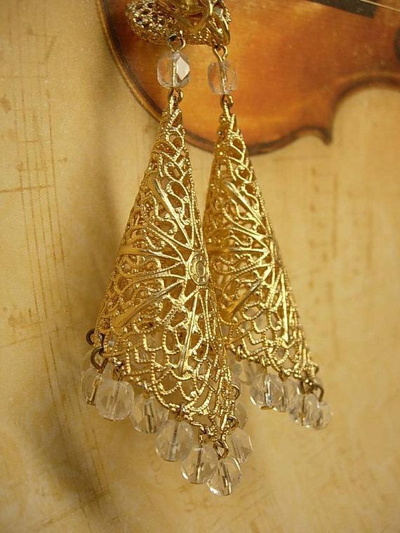 Huge clip on Filigree crystal earrings chandelier drops