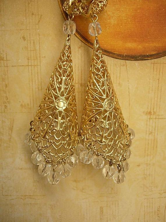 Huge clip on Filigree crystal earrings chandelier drops