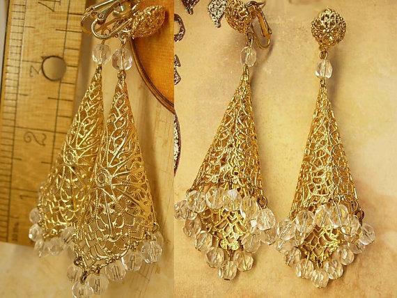 Huge clip on Filigree crystal earrings chandelier drops