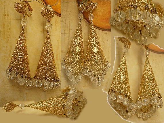 Huge clip on Filigree crystal earrings chandelier drops