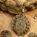 VIntage cannetille necklace St Teresa medal and pearl with filigree ball chain OOAK