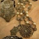 VIntage cannetille necklace St Teresa medal and pearl with filigree ball chain OOAK