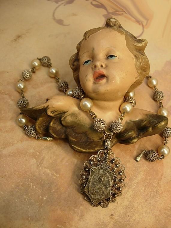 VIntage cannetille necklace St Teresa medal and pearl with filigree ball chain OOAK
