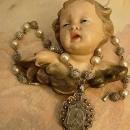 VIntage cannetille necklace St Teresa medal and pearl with filigree ball chain OOAK