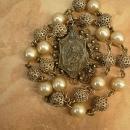 VIntage cannetille necklace St Teresa medal and pearl with filigree ball chain OOAK
