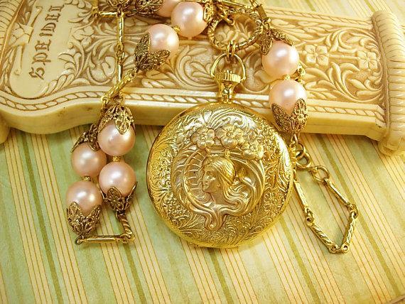 Memorial pocketwatch nouveau Mucha locket on large pink pearl chain