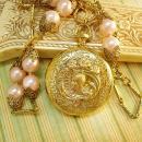 Memorial pocketwatch nouveau Mucha locket on large pink pearl chain