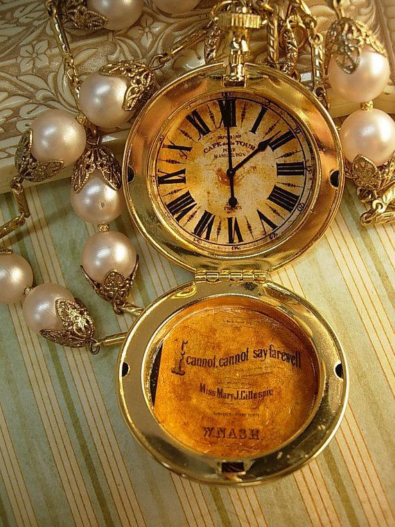 Memorial pocketwatch nouveau Mucha locket on large pink pearl chain
