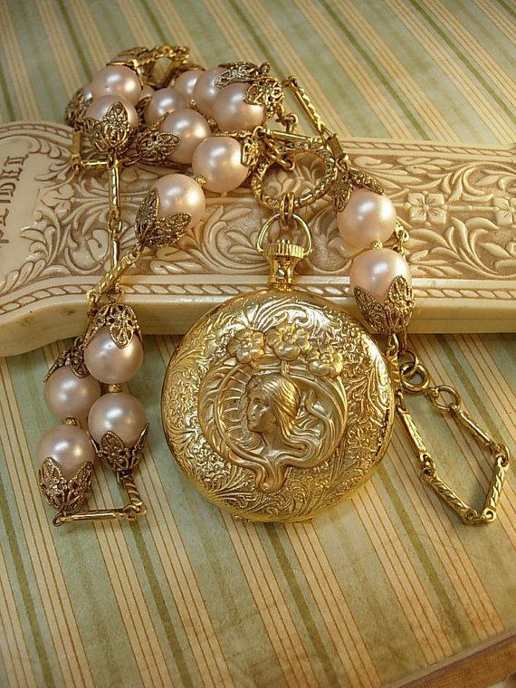 Memorial pocketwatch nouveau Mucha locket on large pink pearl chain