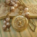 Memorial pocketwatch nouveau Mucha locket on large pink pearl chain