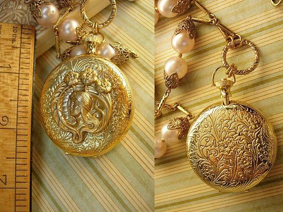 Memorial pocketwatch nouveau Mucha locket on large pink pearl chain