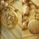 Memorial pocketwatch nouveau Mucha locket on large pink pearl chain