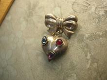 Vintage STerling sweetHeart BRooch Fob with gemstones puffy heart