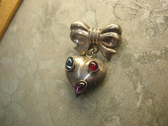 Vintage STerling sweetHeart BRooch Fob with gemstones puffy heart