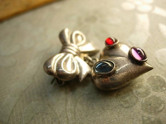 Vintage STerling sweetHeart BRooch Fob with gemstones puffy heart