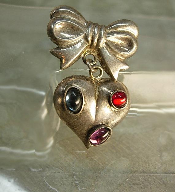 Vintage STerling sweetHeart BRooch Fob with gemstones puffy heart