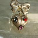 Vintage STerling sweetHeart BRooch Fob with gemstones puffy heart