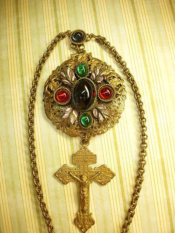 Antique Czech enamel necklace ANtique Czech sacred heart Crucifix very goth