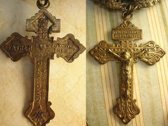 Antique Czech enamel necklace ANtique Czech sacred heart Crucifix very goth