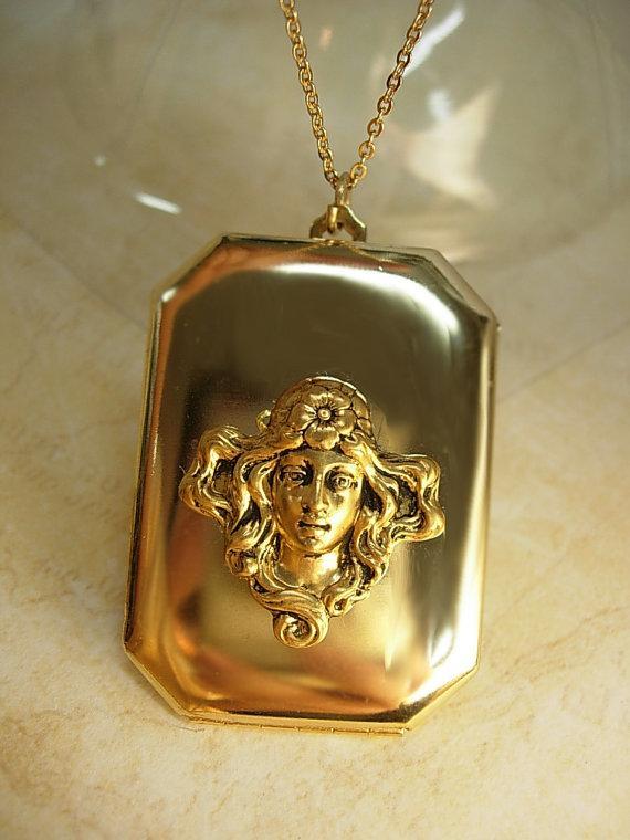 Art Nouveau Locket necklace with Flapper photo inside winged goddess on top