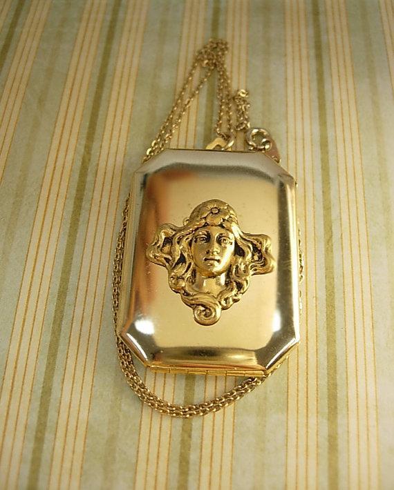 Art Nouveau Locket necklace with Flapper photo inside winged goddess on top