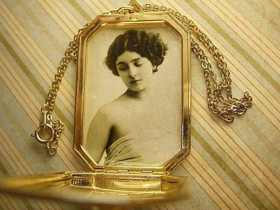Art Nouveau Locket necklace with Flapper photo inside winged goddess on top