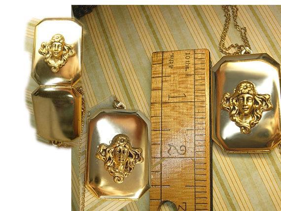 Art Nouveau Locket necklace with Flapper photo inside winged goddess on top
