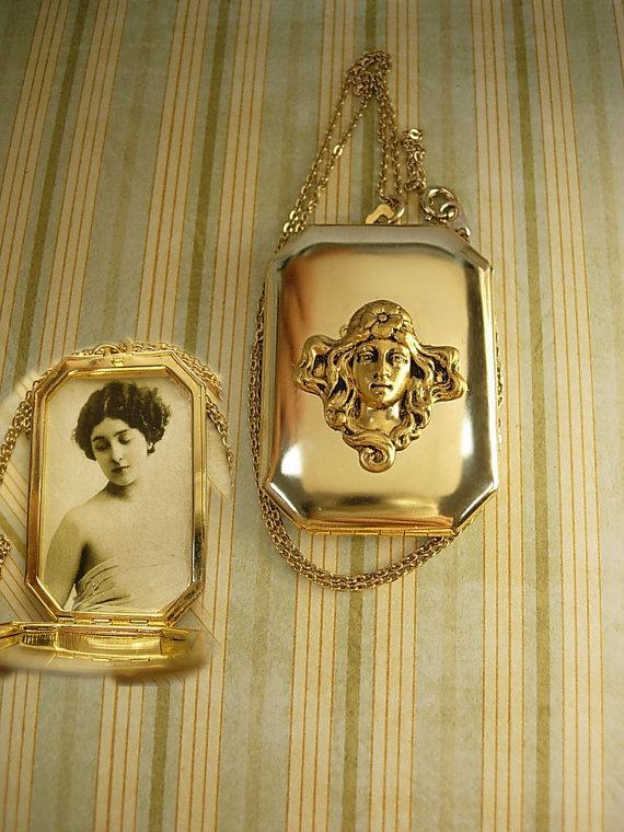 Art Nouveau Locket necklace with Flapper photo inside winged goddess on top