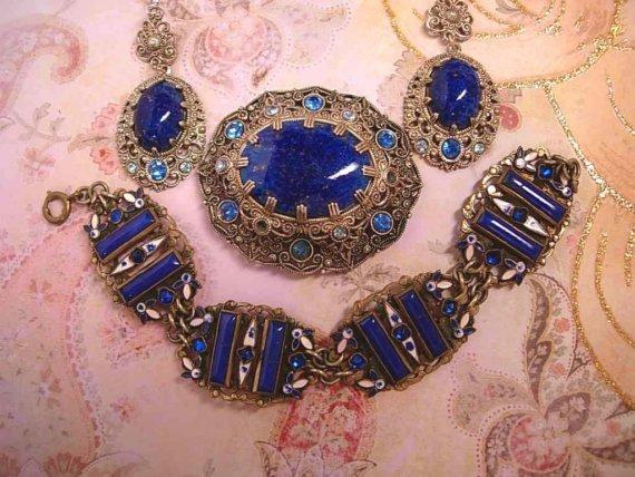 Vintage Czech Enamel Bracelet Brooch and earrings FABULOUS SET