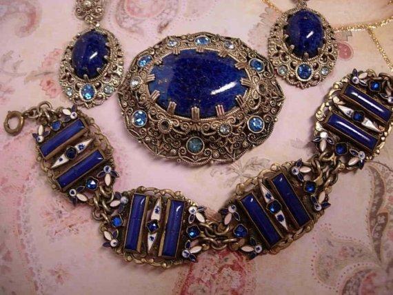Vintage Czech Enamel Bracelet Brooch and earrings FABULOUS SET